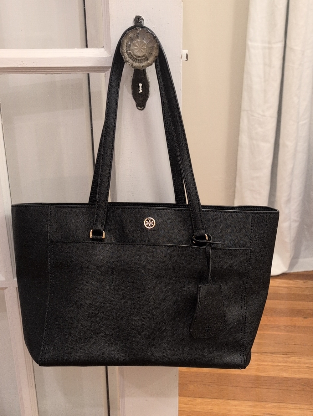Tory Burch Black Leather Tote with Logo Medallion